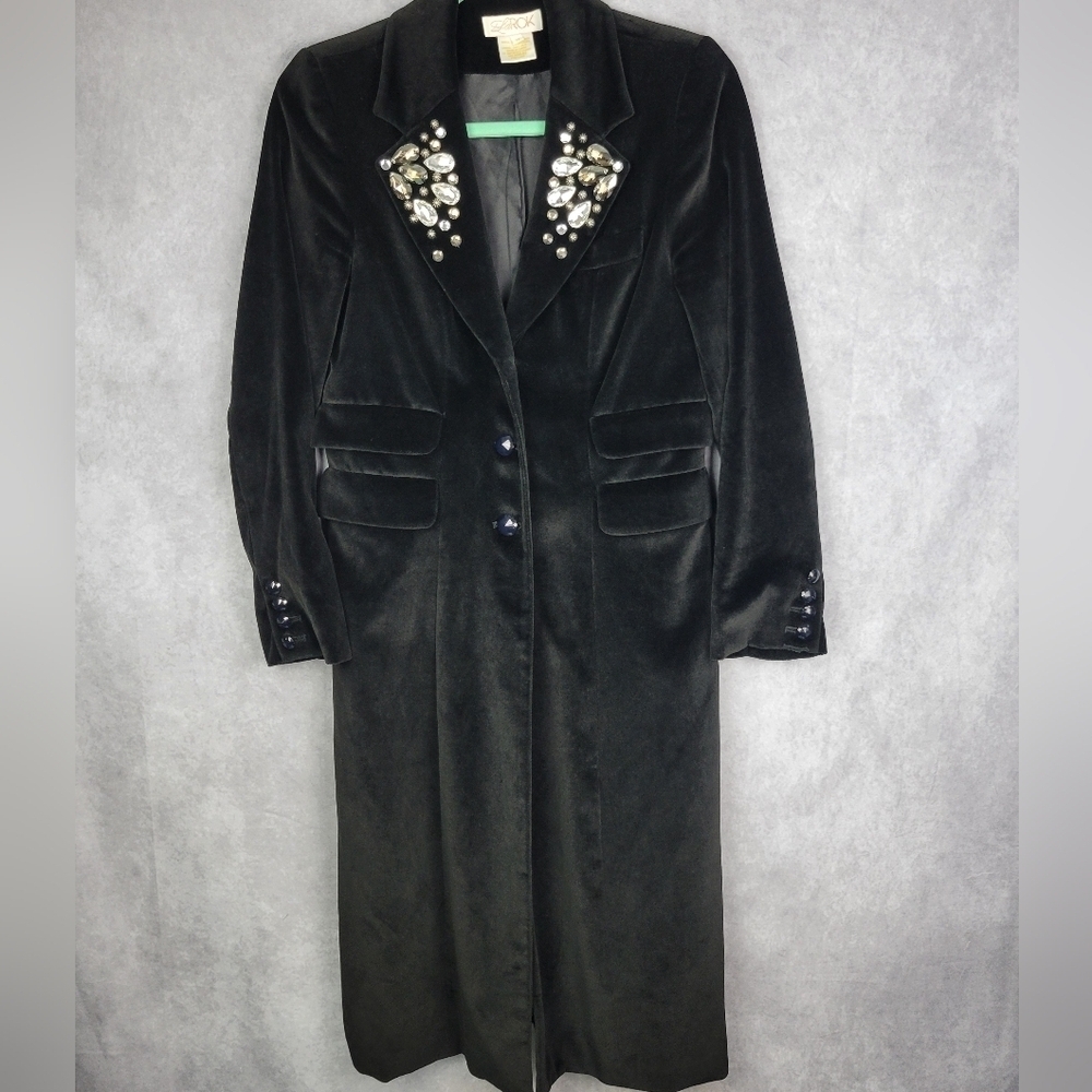 LaRok black Velvet Witch Goth Flattering Women's trench Silk Cotton coat Size M